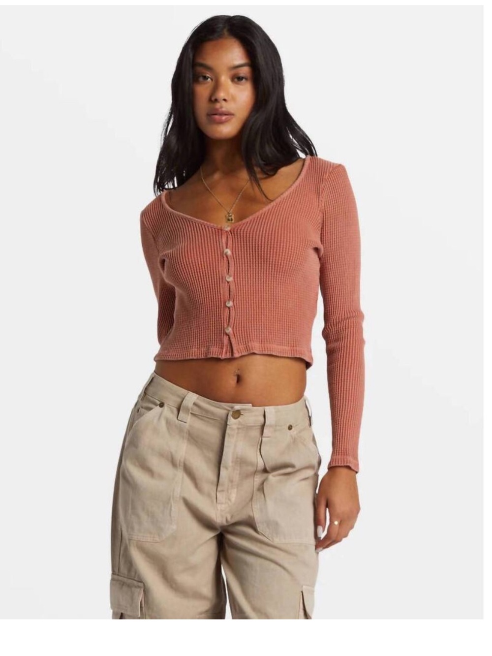 Billabong Paxton Henley Waffle Thermal Crop Long Sleeve Earthy Button Down NWT